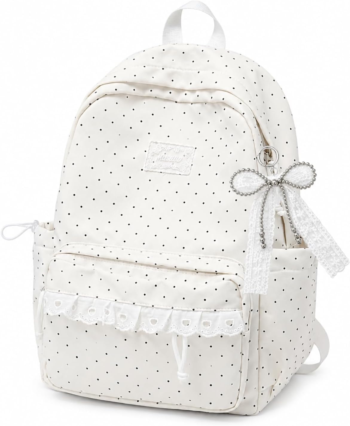 White Coquette Aesthetic Lace Polka Dot Backpack, Large 14‑Inch Laptop Daypack, Lightweight Nylon Preppy Casual Backpack with Decor Accessories for Travel & Daily Use