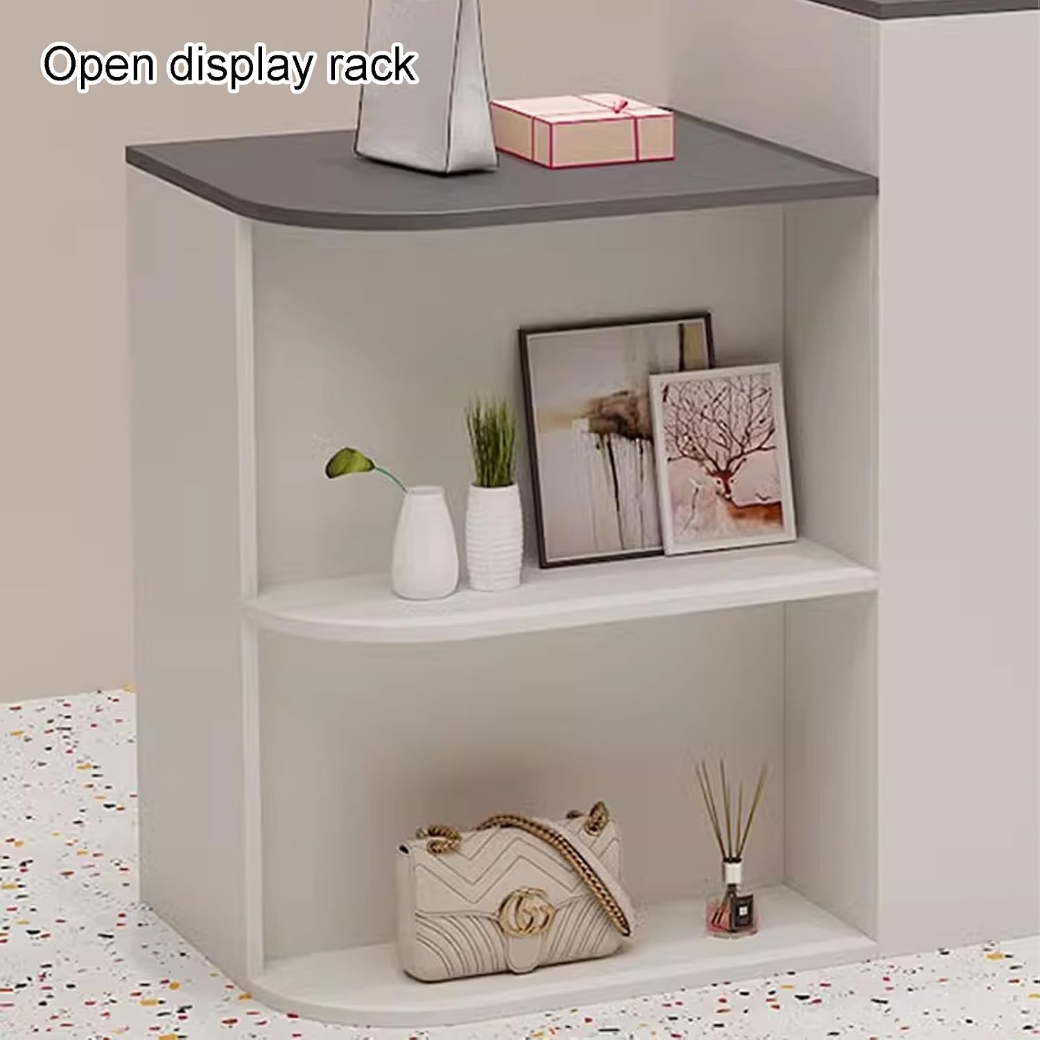 Reception Desk, Wooden Front Desk with Open Shelf and Lockable Function, Small Reception Counter, Retail Counter for Salon, Office, Restaurant(Wood+Cream,80cm/31.4in)