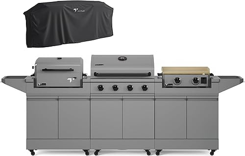 Miniatura 10 de TYTUS Anaheim - Parrilla de gas de 4 quemadores con dos carritos de preparación, ahumador de pellets y horno de pizza con tapa, paquete de cocina al