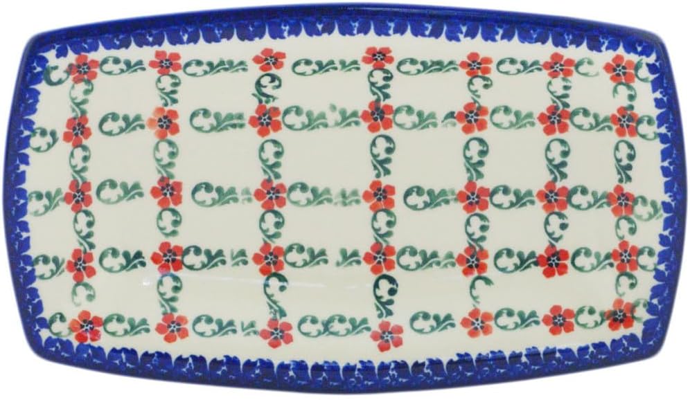 Polmedia Polish Pottery Platter 9-inch - Red Flower Lattice Pattern Handmade in Boleslawiec Poland by Ceramika Dalia + Certificate of Authenticity