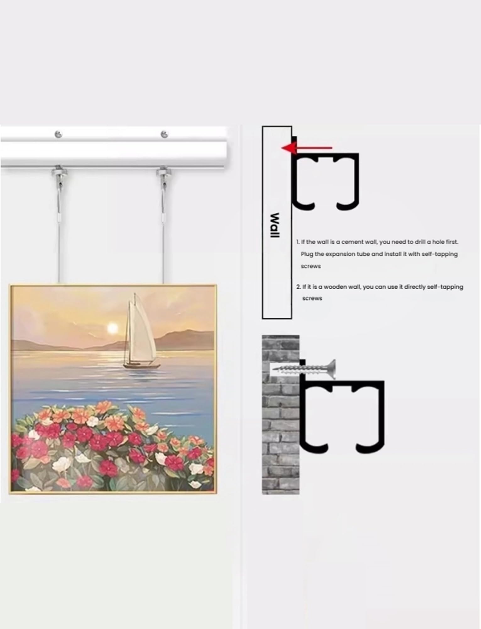 Rail d'accrochage pour tableaux, Kit de rails de suspension for tableaux, longueur 50 à 240 cm, avec cordes et crochets en acier(55cm/21.65in)