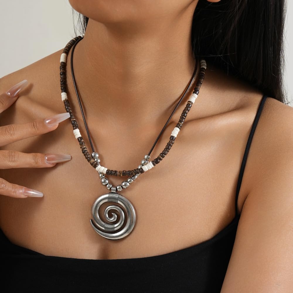 Boho Leather Cord Pendant Necklaces With Beads Bohemian Multilayer Adjustable Layered Choker Necklaces Vintage Disc Jewelry for Women