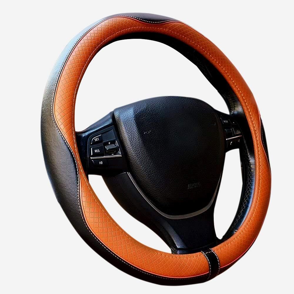 Car Steering Wheel Cover, Anti-Slip, Safety, Soft, Breathable, Heavy Duty, Thick, Full Surround, Sports Style (Black+Light Coffee)
