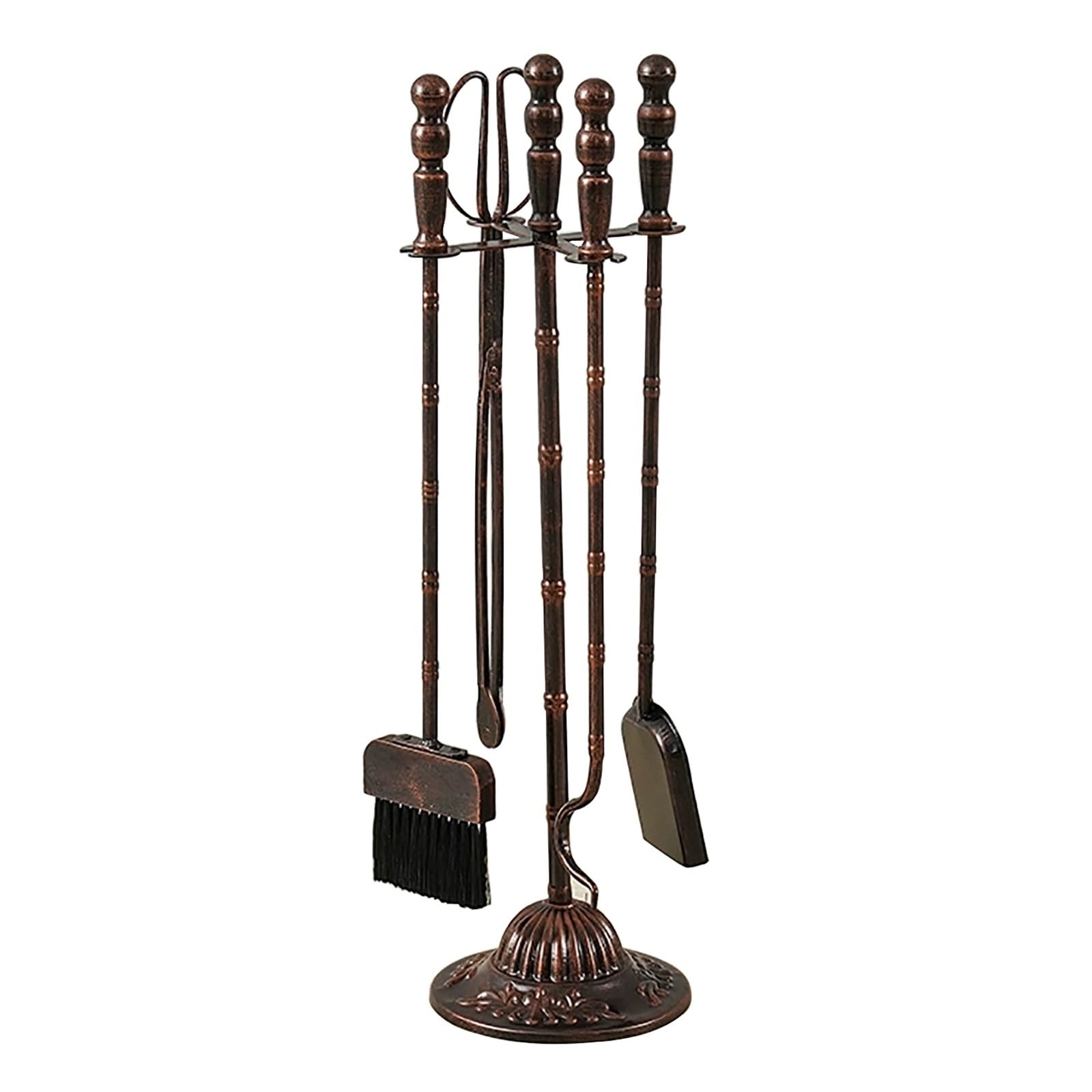Juego de 5 piezas de herramientas para chimenea de hierro fundido con escoba, pala, base, pinza y póquer, juego de accesorios para estufa de carbón para estufa de carbón para interiores y