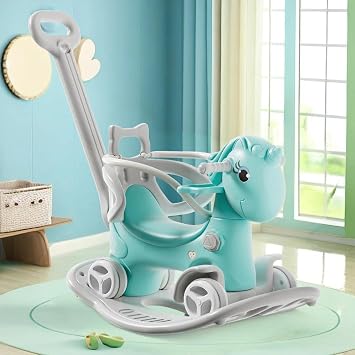 Rocking Horse for Toddlers 1-3 Years,4 in 1 Design, Kids Ride on Toy Balance Bike Push Cart with Detachable Balance Board,Fun Birthday Gifts-Blue