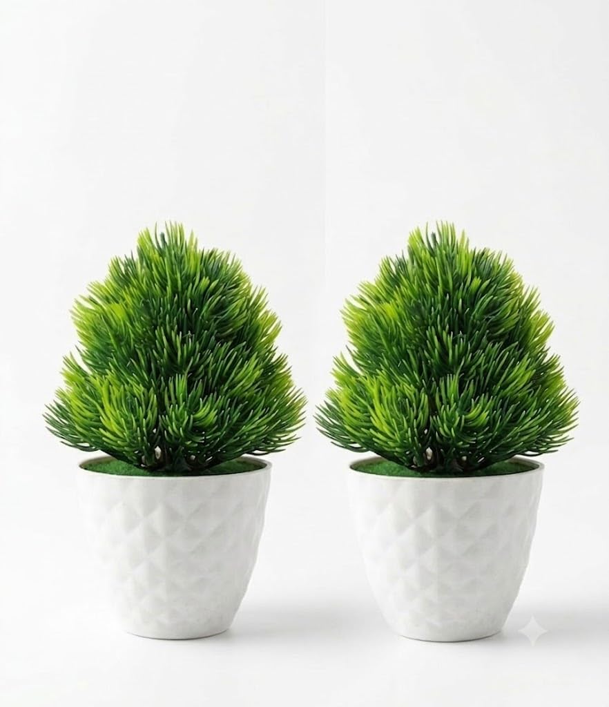 My Flowers Dream Artificial Plants with Pots for Home Decor (Pack of 2) - Small Mini Pine Bonsai Artificial Plants with White Pot for Office Desk, Living Room, Bedroom & Table Top Decoration-image-1