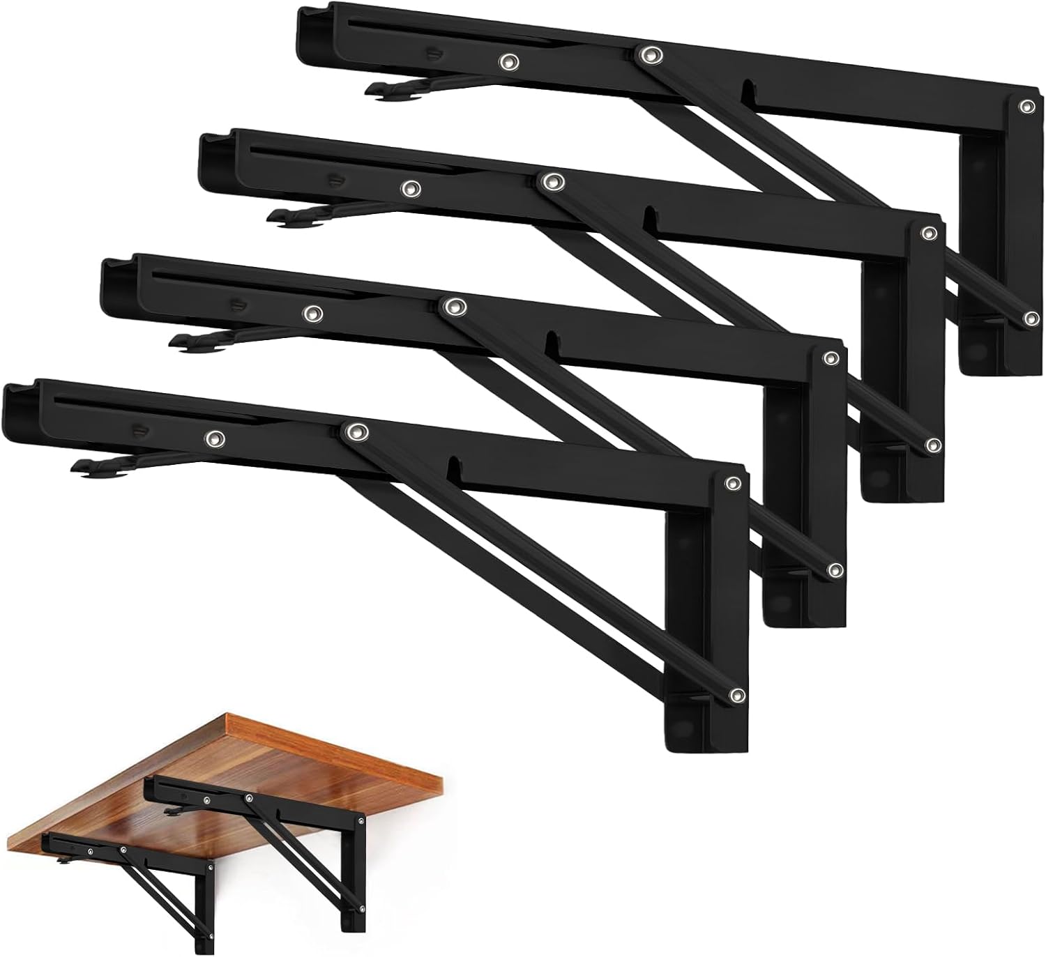 Storystore Folding Shelf Brackets - 18 Inch Heavy Duty Metal Collapsible Shelf Bracket for Bench Table, Shelf Hinge Wall Mounted Space Saving DIY Bracket, Max Load: 150 lb (4 PCS, Black)