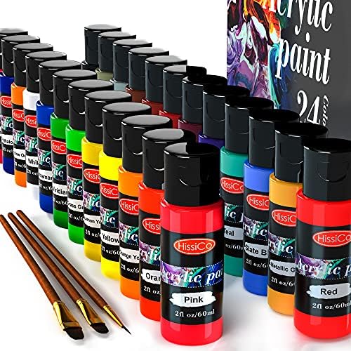 Acrylic Paint Set of 24 Colors 2fl oz 60ml Bottles with 3 Brushes,Non Toxic 24 Colors Acrylic Paint No Fading Rich Pigment for Kids Adults Artists Canvas Crafts Wood Painting