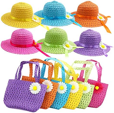 6Sets Girls Tea Party Straw Sun Hat and Purse Sets Kids Child Birthdays Easter Party Daisy Flower Sunflower Summer Beach Cap Travel Gift Assorted Colors (6Color)