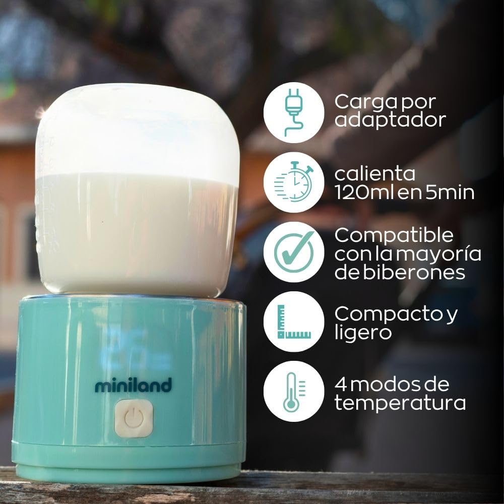 Miniland Scaldabagno portatile, leggero e compatto, con adattatori per biberon e cavo di ricarica, ideale per viaggi e passeggiate, accessori di alimentazione | Warmy On the Go
