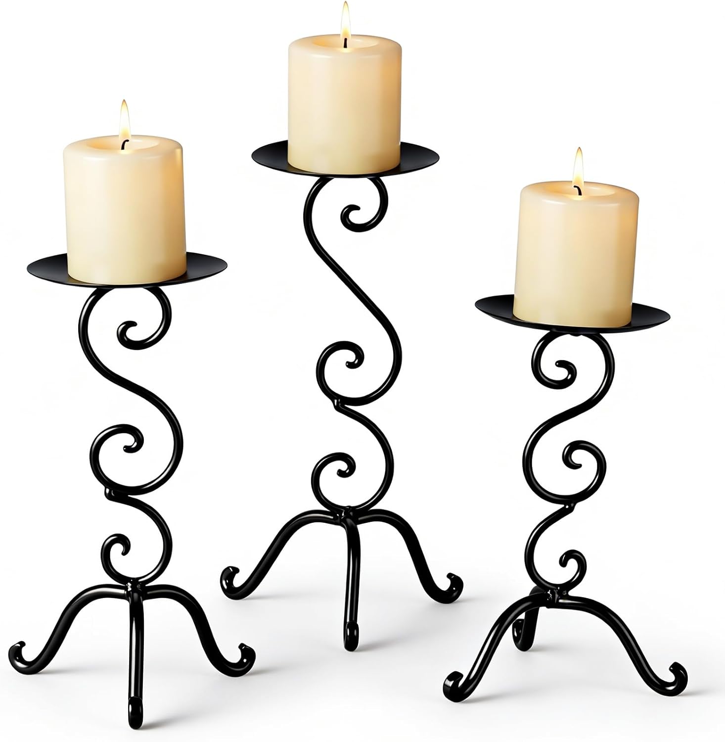 Set of 3 Iron Gold Candlestick Holder Metal Vintage Candle Holder 11.8, 9.8, 6.3 Inch Tall Decorative Wrought Iron Pillar Candle Sconce Home Decor Wedding Dinning Party Anniversary(Classic)