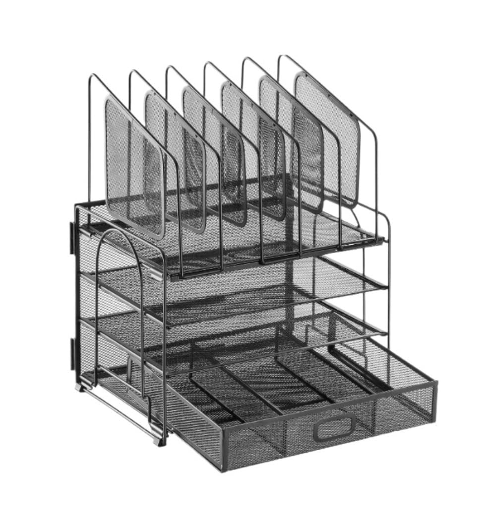 Organizzatore Scrivania Organizer per Carta da Scrivania in Filo Metallico con Sezione Portadocumenti Verticale Cassetto in Metallo per Vassoio Ufficio