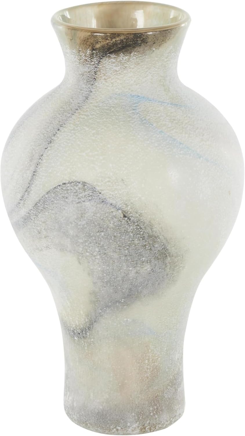 Deco 79 Glass Decorative Vase Distressed Centerpiece Vase with Blue and Tan Texturing, Flower Vase for Home Decoration 7" x 7" x 12", Cream