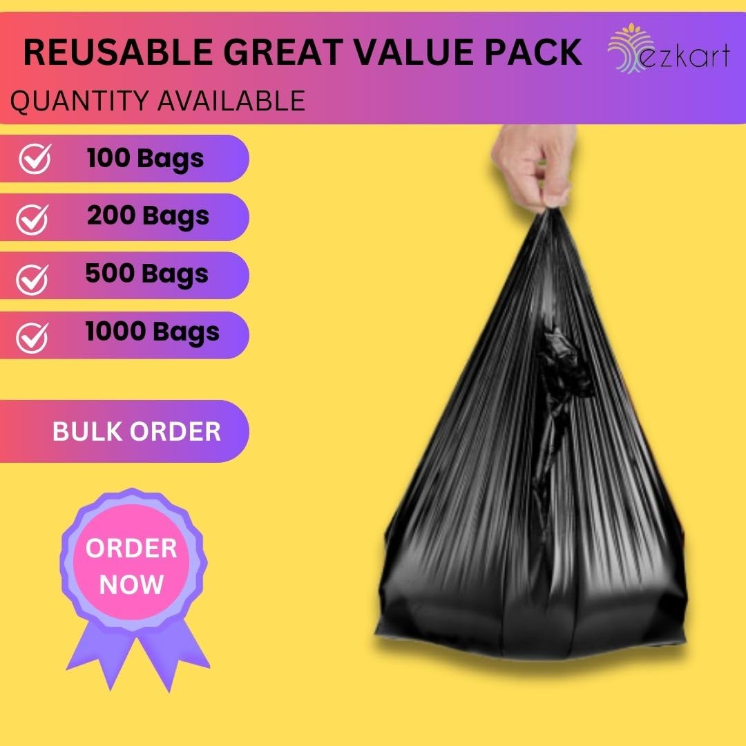 ezkart Pack of 200 - Black Strong Plastic Nappy Bags with a Comfortable Grip, Black-200pk, 8x13x18 Inch-20mu - Image 3