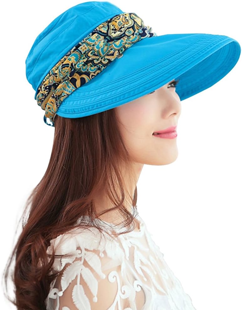 Weshiny Women's Summer Adjustable Wide Brim Sun Hat Cotton UPF 50+ Sun Protection Hat Visor Hats Foldable Sun Beach Hat with Strap for Girls (Blue)