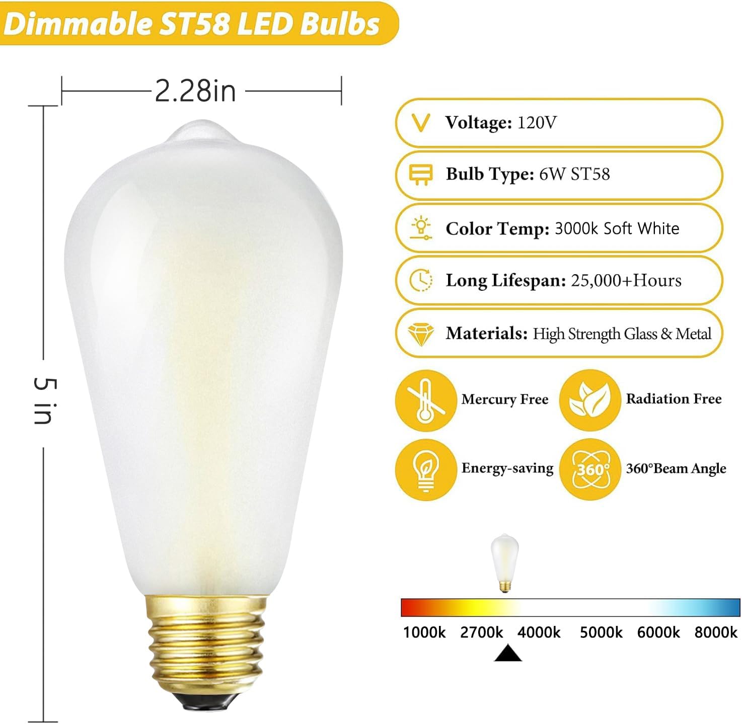 E26 Frosted LED Edison Bulbs, 6W Equivalent 60W,600LM,AC120V, Soft White 3000K,ST58 Dimmable Antique LED Filament Bulbs with 90+ CRI, Pack of 6 (6W=60W Soft White)