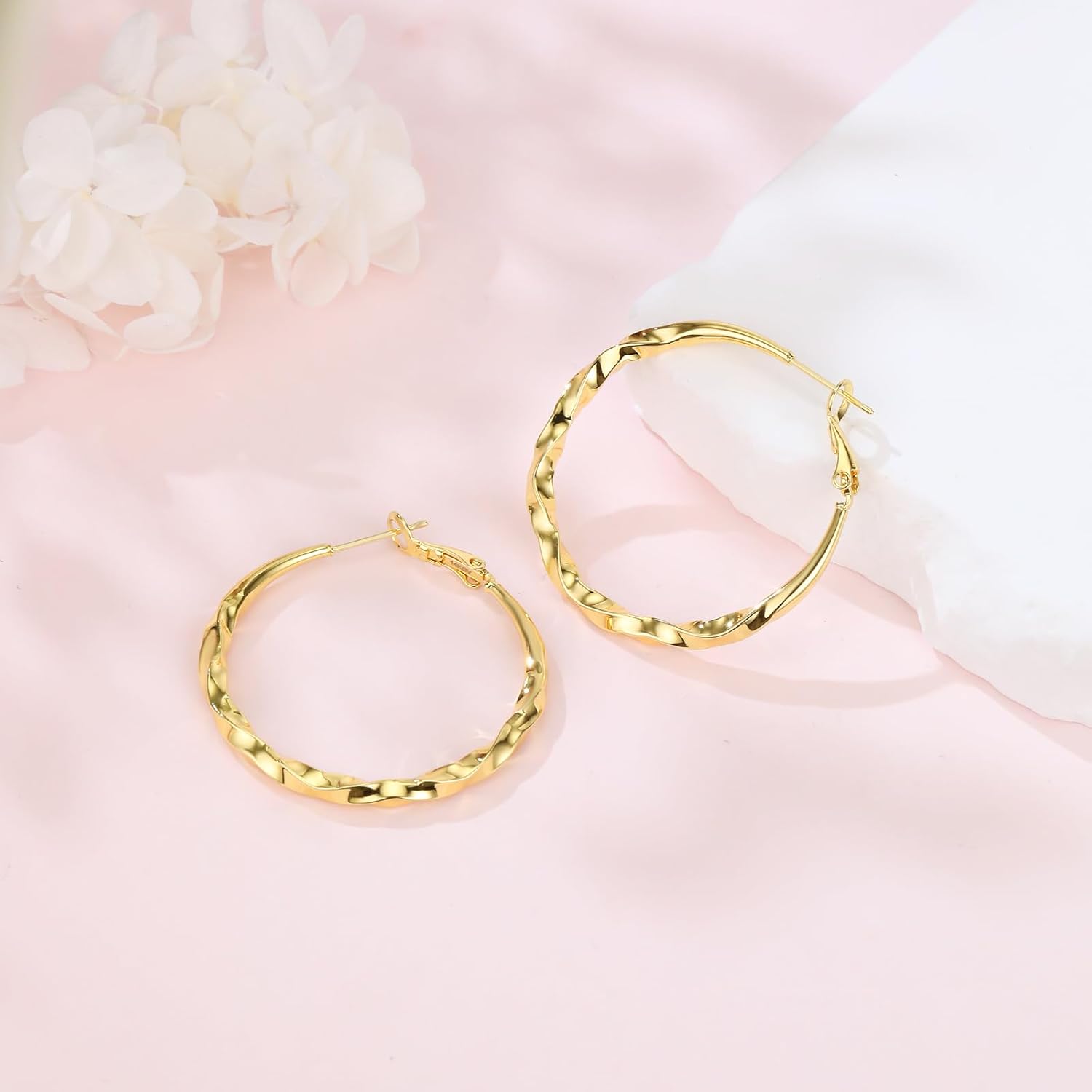 14K Gold Texture Earrings, 37/42mm Gold Hoop Earrings Classic Round Hoop Earring for Women Gold Jewelry Gift for Women