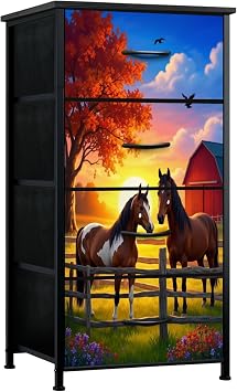 Dresser for Bedroom Two Horses Vibrant Autumn Farm Landscape Sunset Red Barn Small Tall Clothes Dresser for Closet Organizers with 4 Chest of Drawers Fabric Storage Bins Dressers