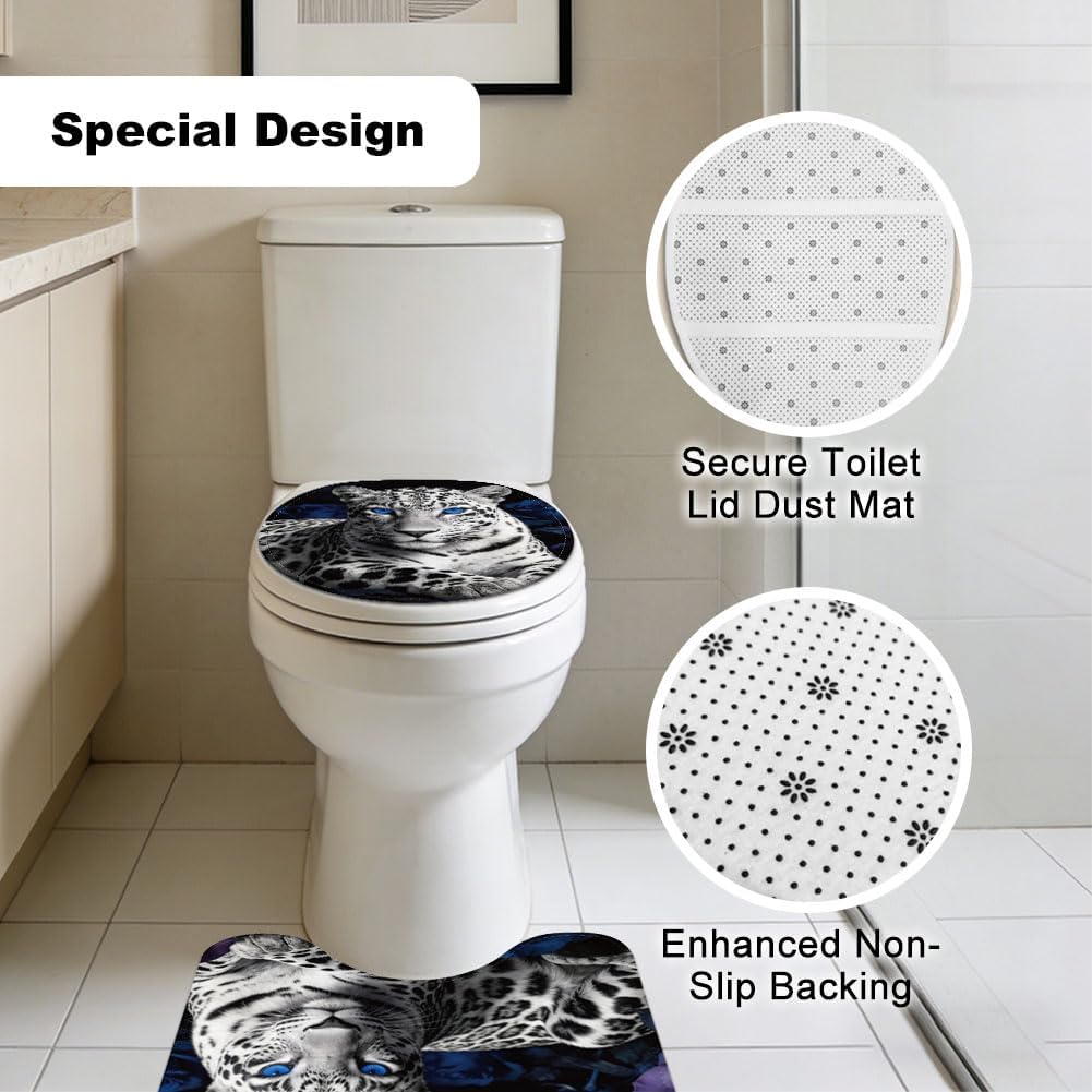 3Pcs Bathroom Rugs Set Washable Leopard Rose Bathroom Carpets with Toilet Mats Blue Eyes Animal Soft Non Slip Bath Mat for Laundry Hotels Kitchen Tub Home Decor Black