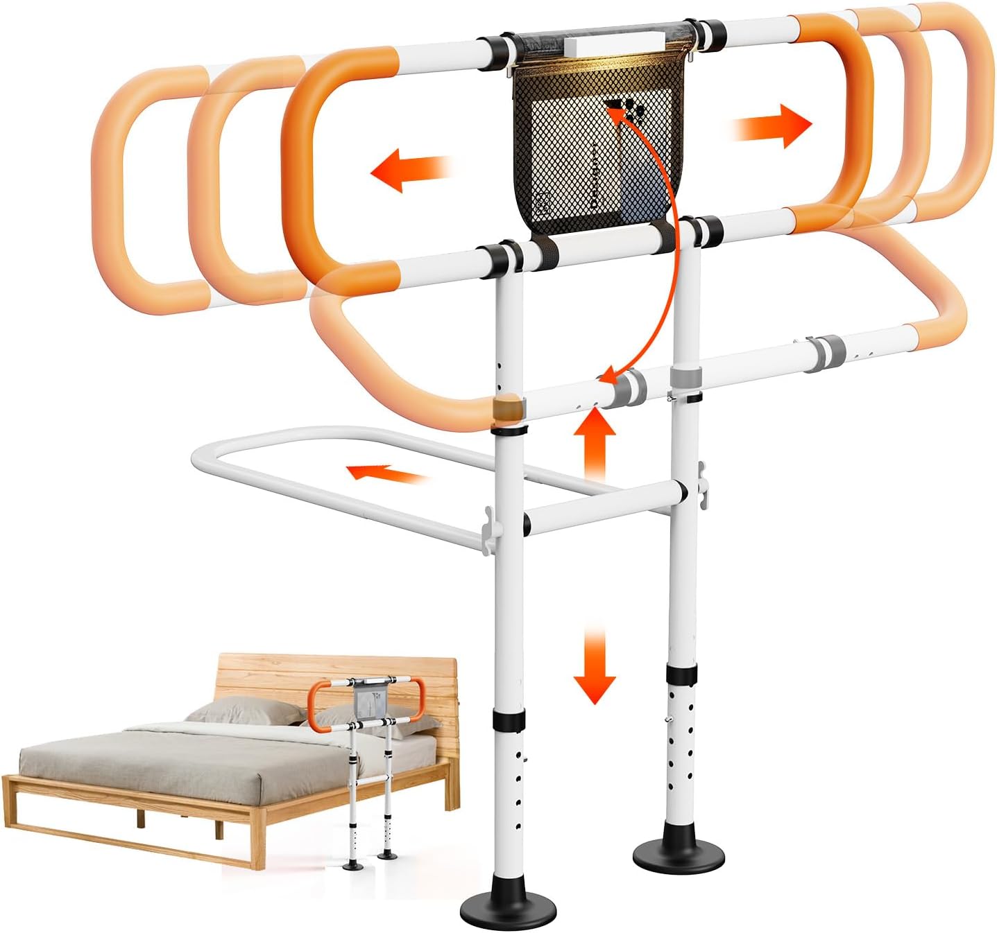 Zelvia Bed Rails for Elderly Adults Safety with Motion Light & Storage Pouch – Retractable & Foldable Bed Handrails Assist Bedrails for Seniors, Surgery Patients & Handicap-White&Orange
