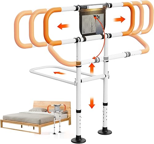 Zelvia Rieles de cama para adultos mayores de seguridad con luz de movimiento y bolsa de almacenamiento, pasamanos de cama retráctiles y plegables