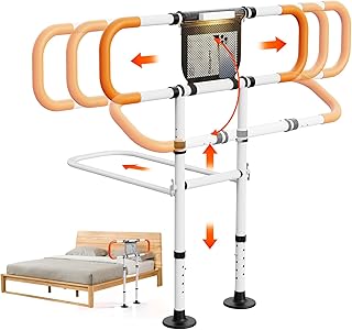 Zelvia Bed Rails for Elderly Adults Safety with Motion Light & Storage Pouch - Retractable & Foldable Bed Handrails Assist Bedrails for Seniors, Surgery Patients & Handicap-White&Orange