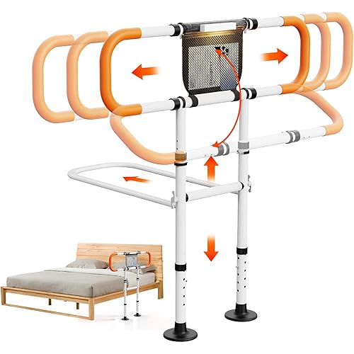 Zelvia Bed Rails for Elderly Adults Safety with Motion Light & Storage Pouch - Retractable & Foldable Bed Handrails Assist Bedrails for Seniors, Surgery Patients & Handicap-White&Orange