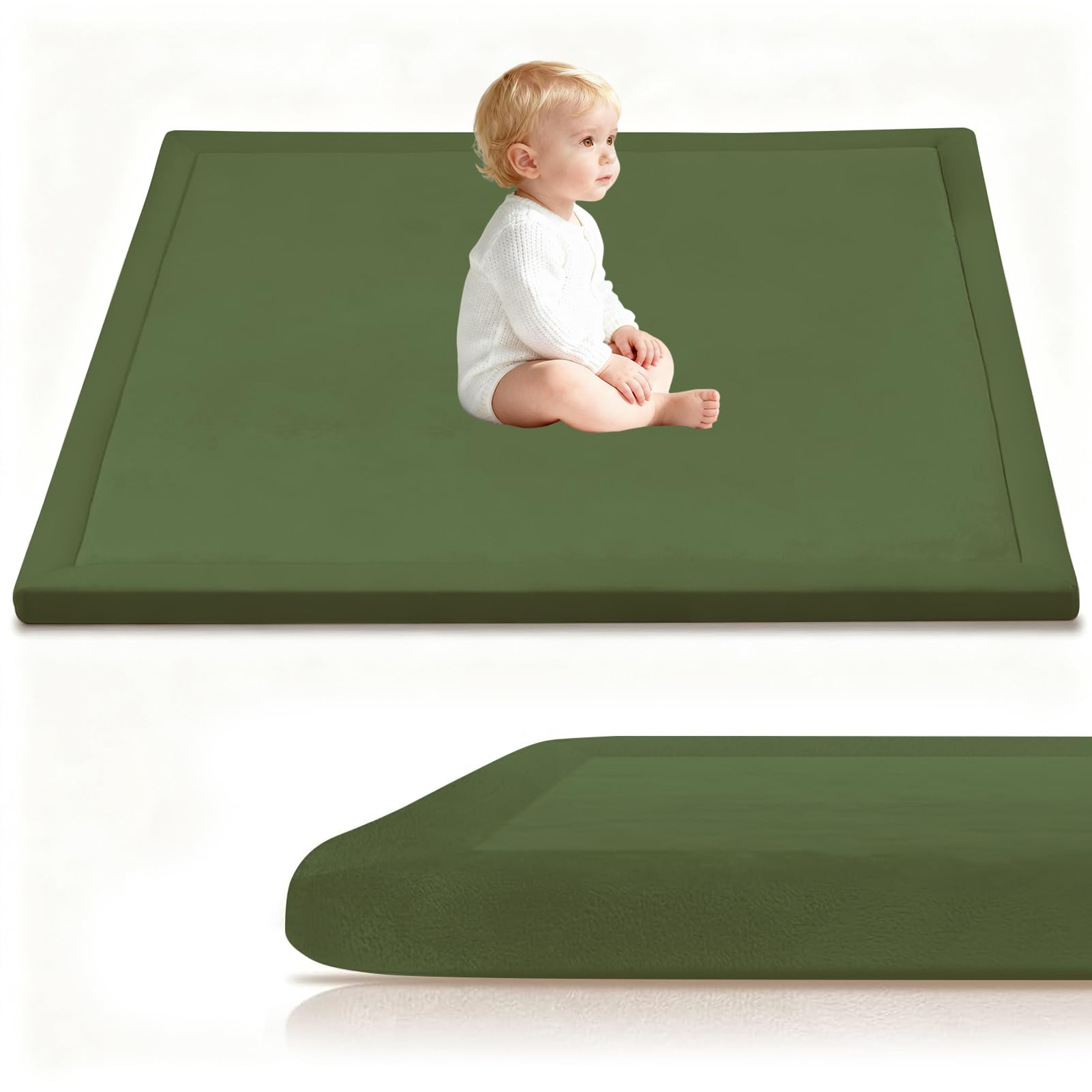 Stqyeiw 3cm Thick Baby Crawling Mat, Baby Play Mat 80 x 120 cm Army Green Nursery Rug for Crawling Playing for Bedroom Kids, Non Slip Coral Velvet Babies Mats for Floor Play — image 1