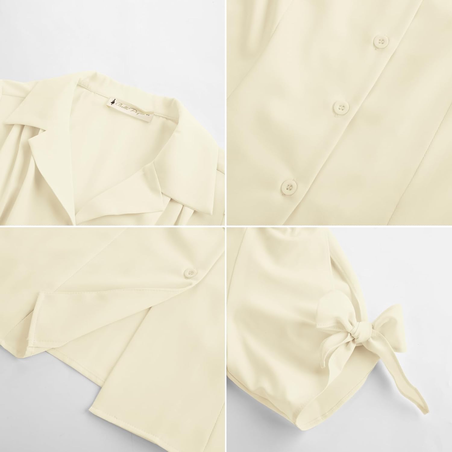 Bello Poque Women Vintage Blouse 1950s Retrt Button Up V Neck Short Bow Sleeves Blouse Shirts - Image 10