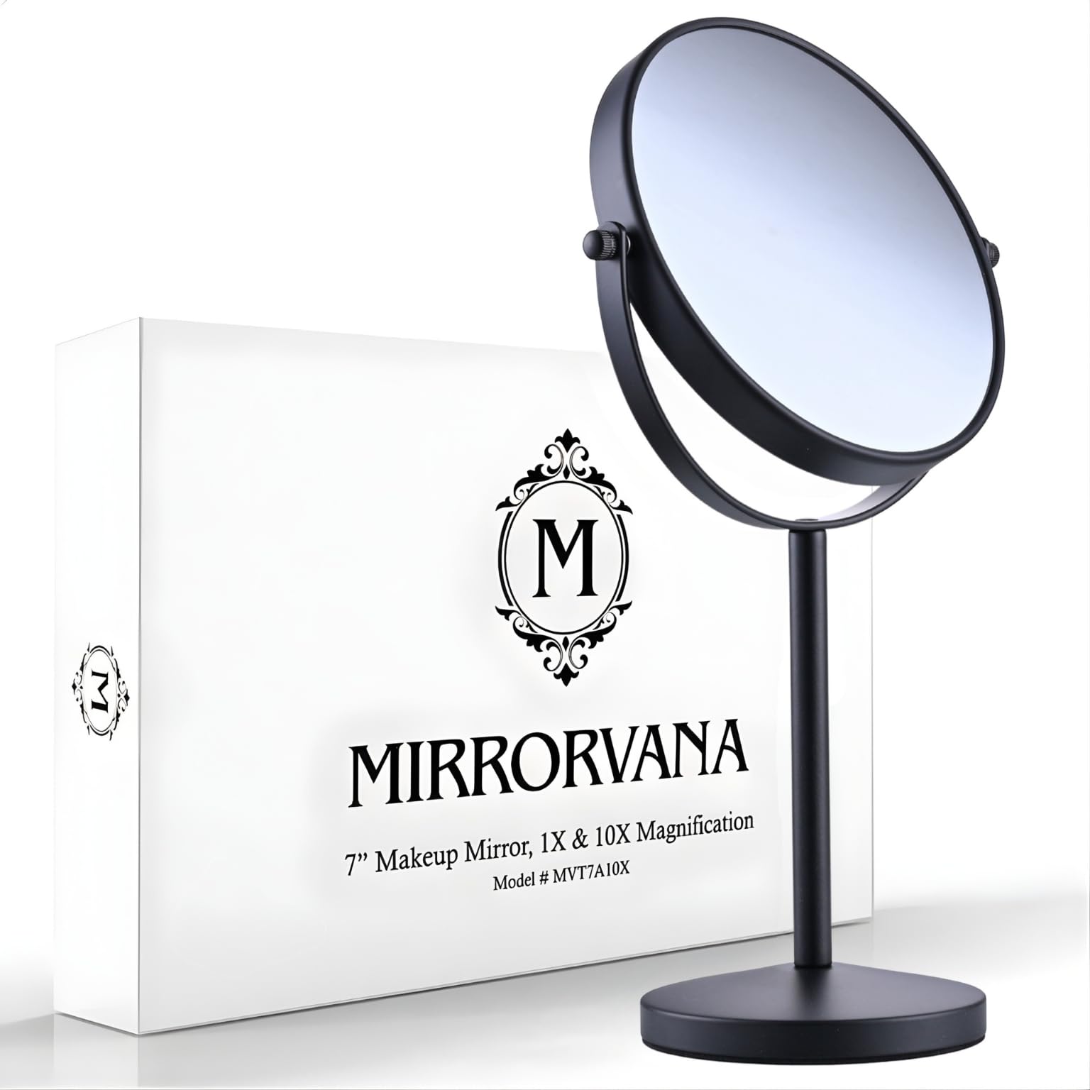 MIRRORVANA 10X Magnifying Makeup Mirror on Stand for Bedroom and Bathroom, Free Standing Desk & Table Mirror, Double Sided 10X/1X Magnification, 35cm Tall 18cm Wide (Black)