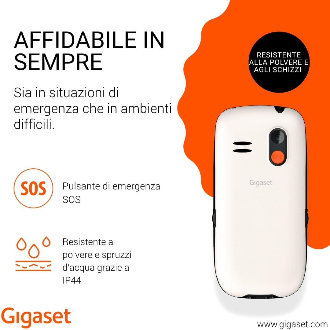Gigaset GL395 Telefono Cellulare - Per degli anziani - tasti grandi e pulsante di emergenza SOS - Resistente a polvere e spruzzi d'acqua - Senza contratto - Display TFT a colori, Bianco perla