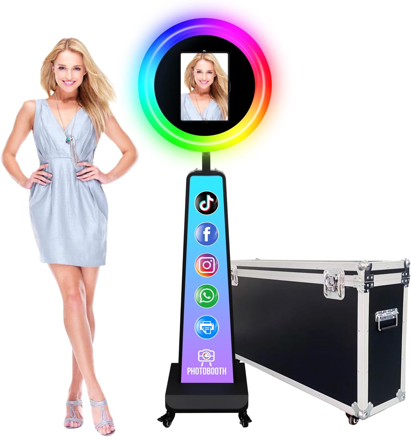 Portable Photo Booth for IPad Selfie Machine Shell Adjustable Stand Photobooth with RGB LED Ring Light and Flight Case Wedding Halloween Christmas Ipad Booth Stand-black