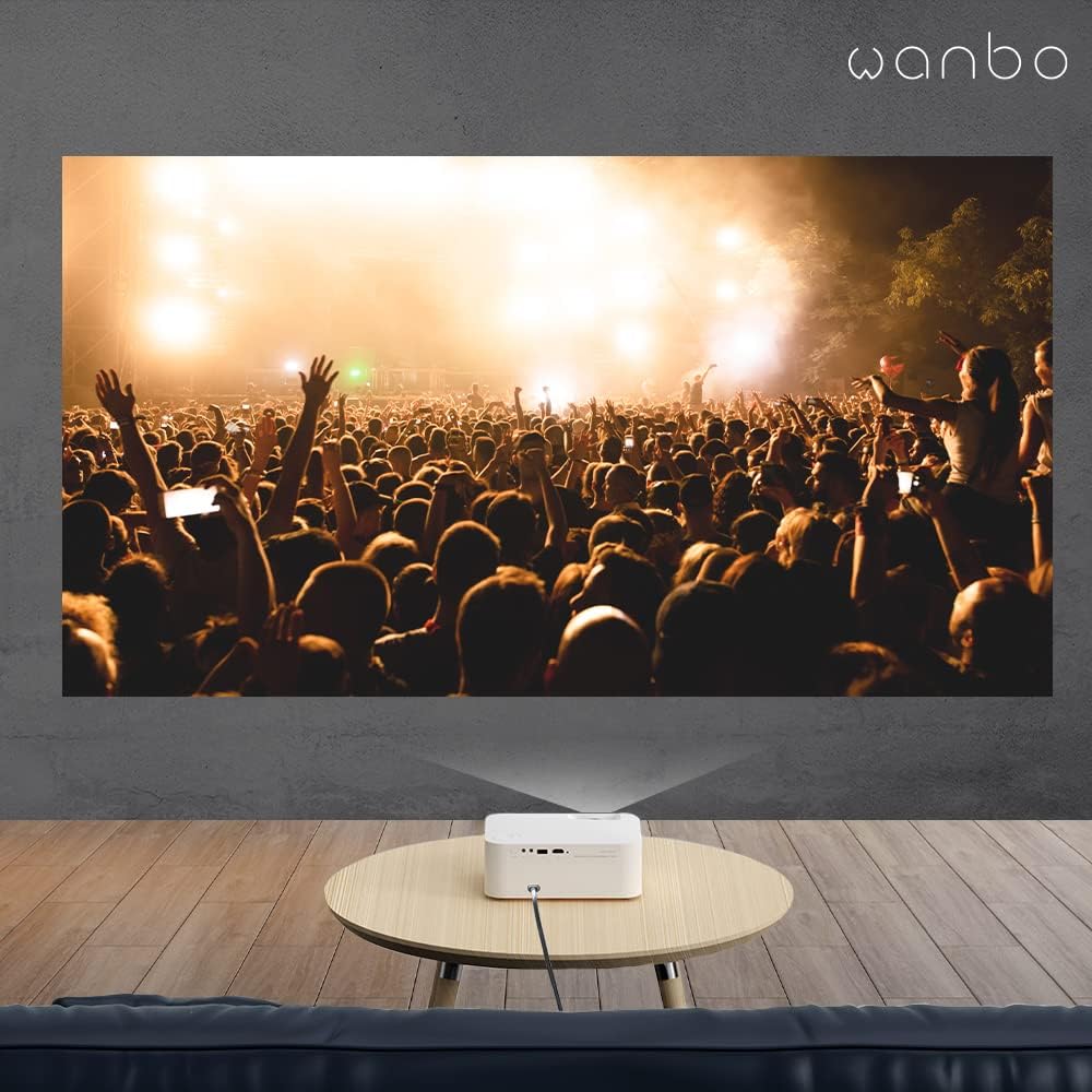 A large projected image of a concert crowd on a wall, demonstrating the WANBO X1 Pro's immersive viewing capability.