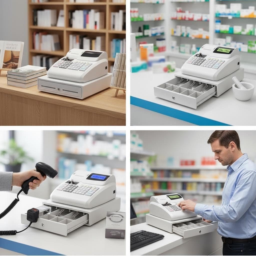 Moderno registratore di cassa commerciale, sistema POS elettronico con stampante termica integrata e cassetto contanti sicuro, 3 scomparti for banconote, 5 vassoi for monete