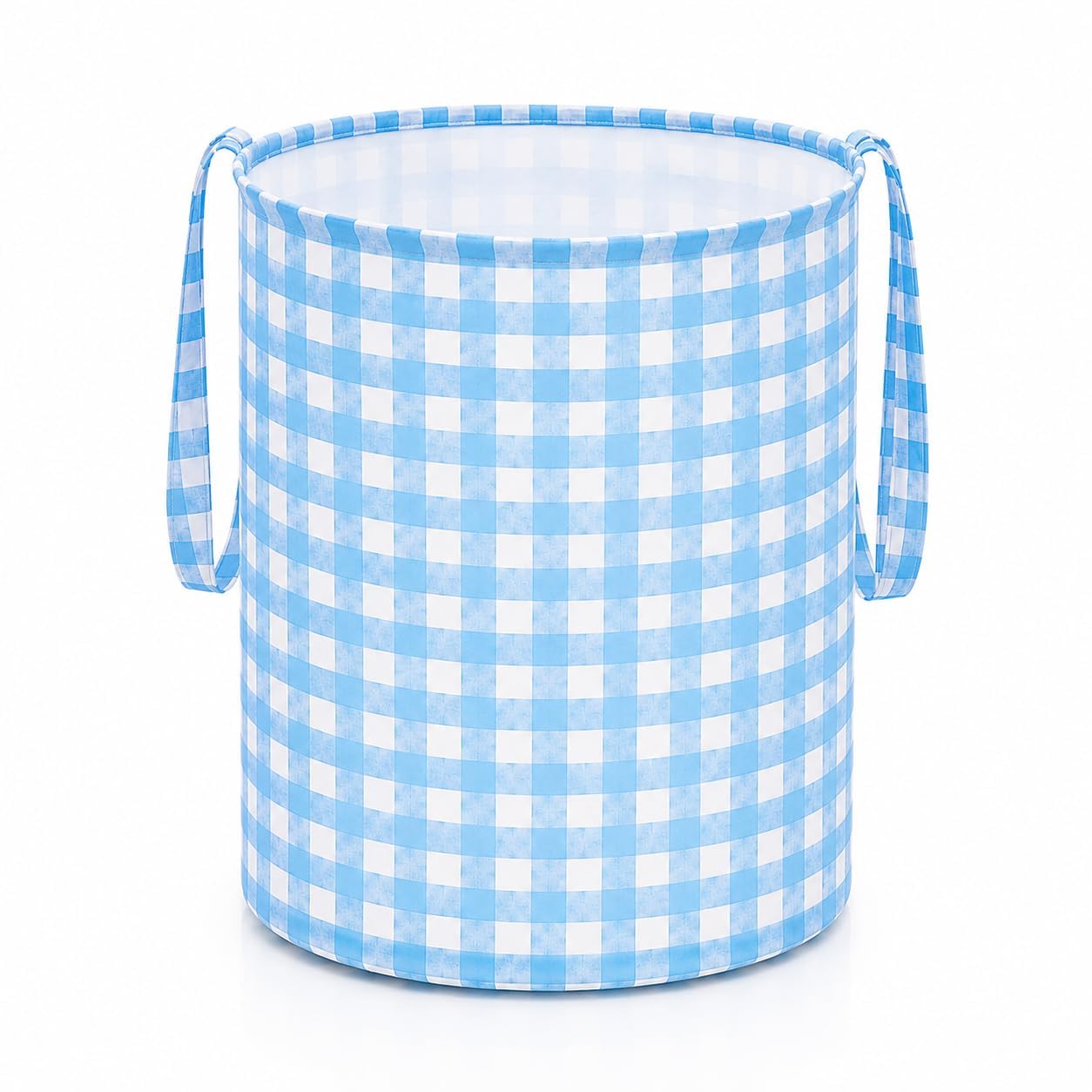 45L Non Woven Checks Printed Laundry Basket with Handles | Foldable Clothes Storage Organizer for Bedroom & Bathroom | Round Laundry Bag 45x36x36 cm | SkyBlue Checks (Set of 1)-image-36