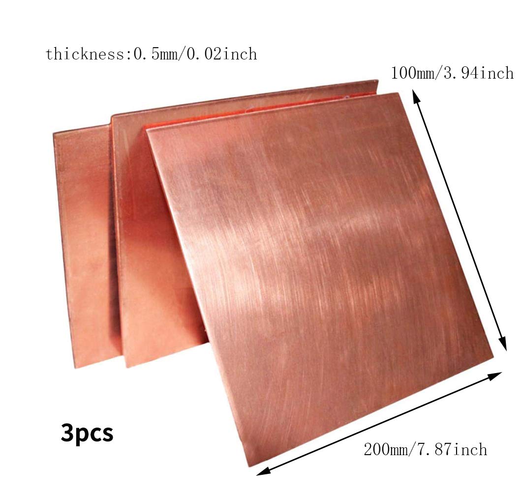 Kupfer, 3 Stück T2 reine Kupferbleche, flache Cu-Folie, korrosionsbeständiges Metall-Experiment-Schweißmodell, 0,5 mm x 100 mm x 100 mm(0.5mm*100mm*200mm)