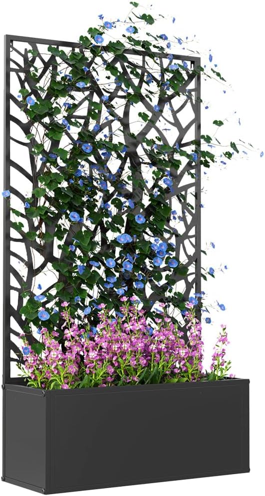Metal Raised Garden Bed with Trellis, Freestanding or Wall Mounted Planter Box with Privacy Panel for Patio, Balcony, Outdoor Decor, 24" L