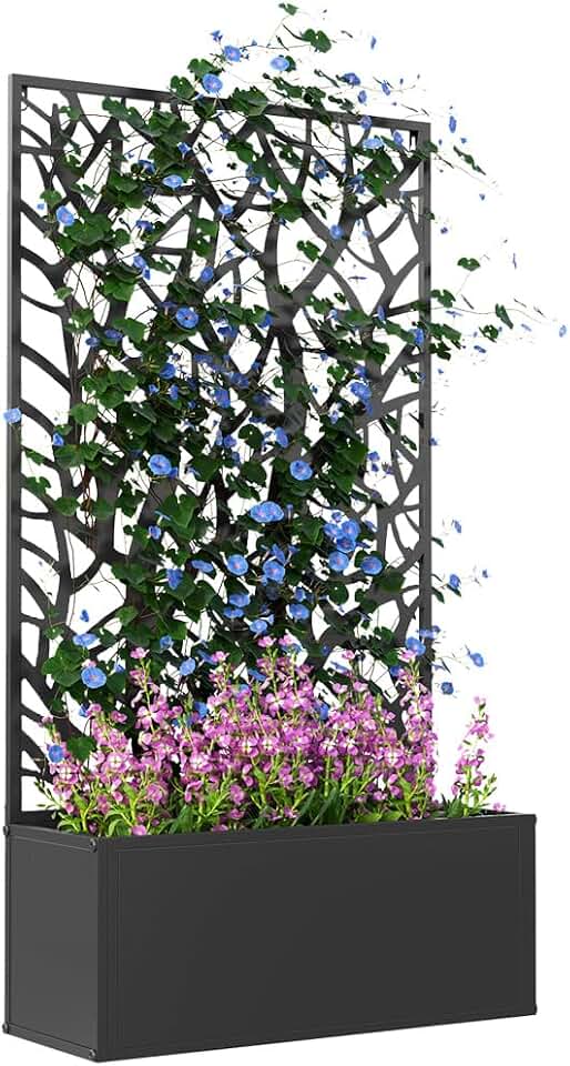 Metal Raised Garden Bed with Trellis, Freestanding or Wall Mounted Planter Box with Privacy Panel for Patio, Balcony, Outdoor Decor, 24" L