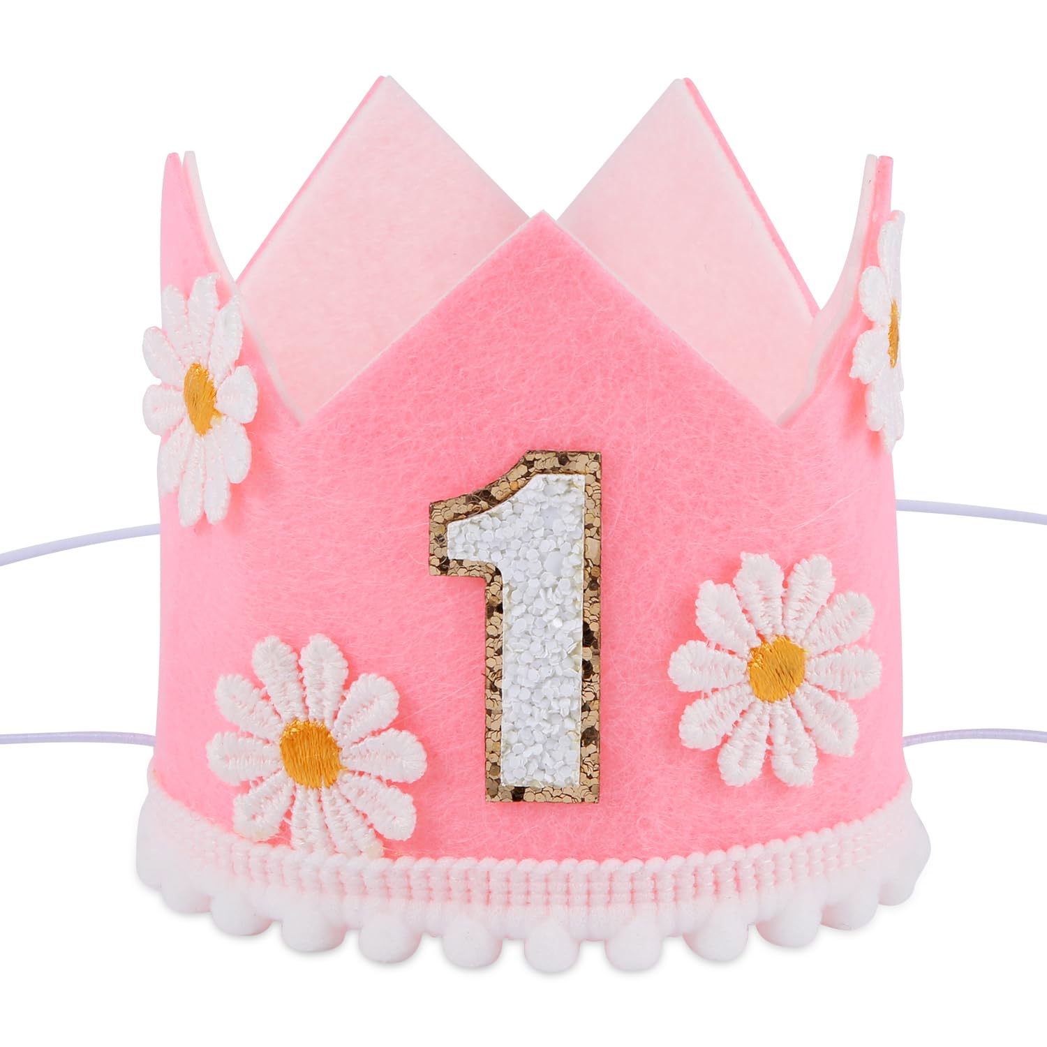 Corona Di Compleanno Con Margherite Per 1° Anno - Cappello Festa Originale In Feltro E Glitter Con Cordino Elastico, Decorazione Per Primo Compleanno Bambina E Bambino
