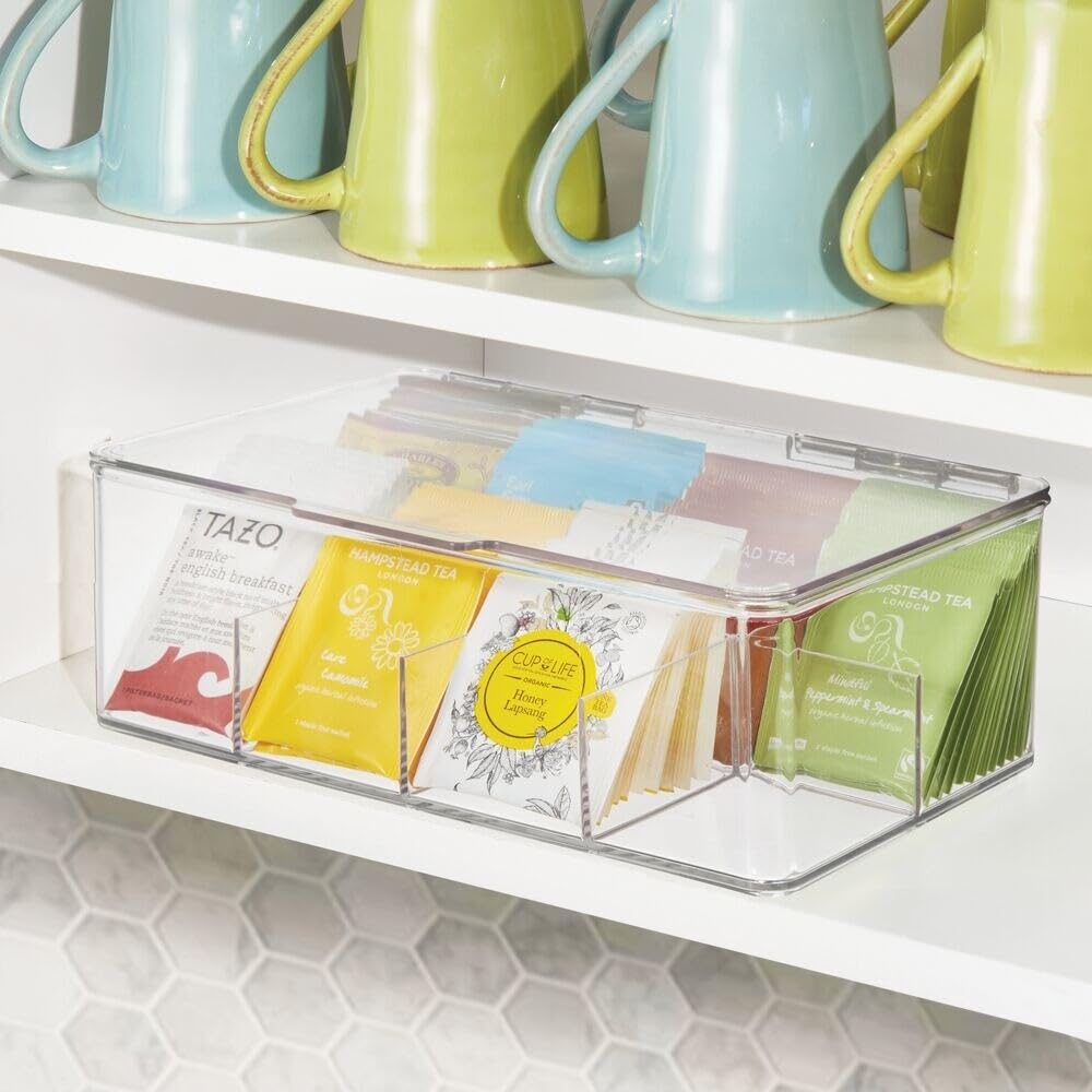 Organizador de almacenamiento dividido apilable de plástico con tapa para bolsas de té y cápsulas de café en armario de cocina, encimera, colección Ligne, incluye 1 organizador de té y 1 6