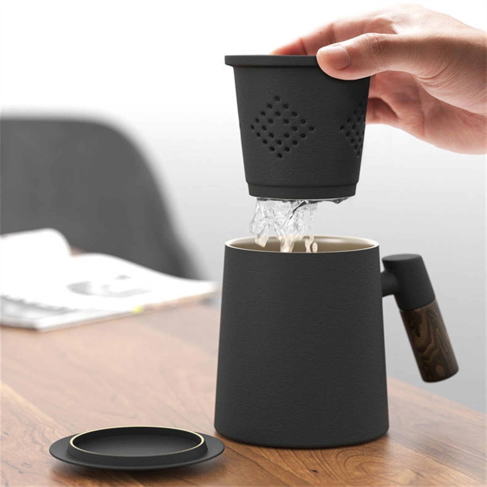 Taza de café Taza de té café cerámica con tapa filtro mango for regalos taza oficina porcelana casera Tazas de chocolate(Negro)