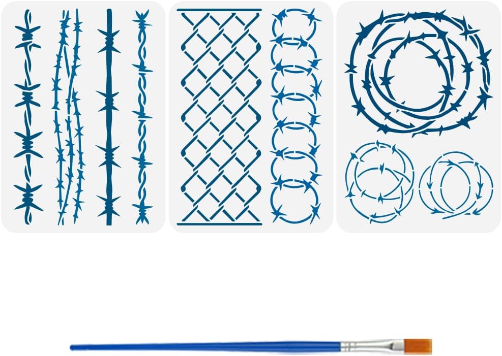 FINGERINSPIRE 3 Pcs Barbed Wire DIY Stencils for Painting with Brush, 3 Styles 11.7x8.3 Inch Iron Wire Pattern Drawing Template for Craft Furniture Fabric Wall Decoration