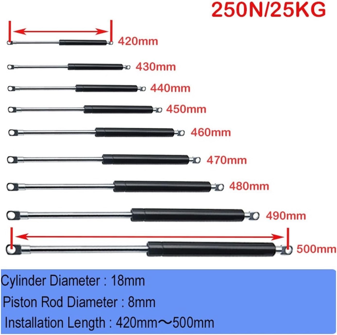 1PC 420mm-500mm 25kg/250N Car Struts Front Bonnet Hood Rear Trunk Tailgate Boot Shock Lift Strut Support Bar Spring Bus RV(18-8-210-500)