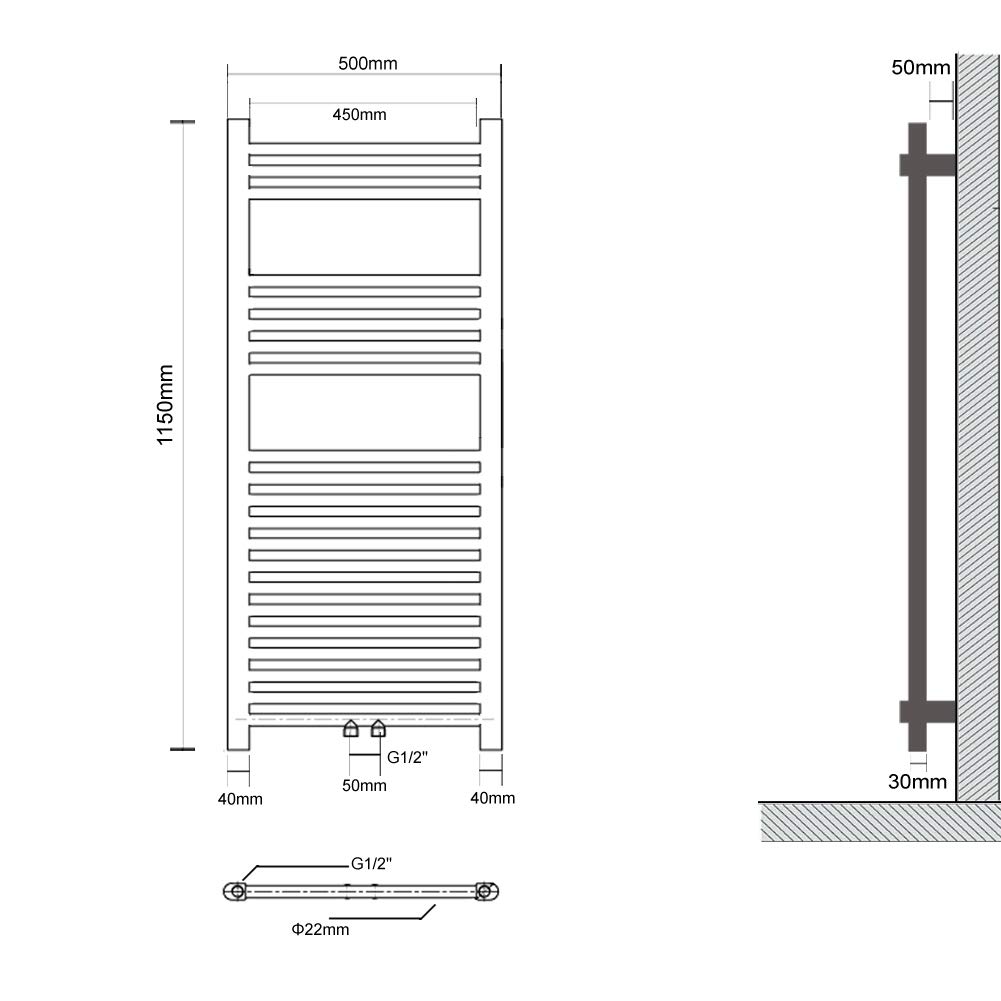 Radiateur de Salle de Bain Sèche-Serviette 1150x500mm Radiateur Tubulaire Vertical Chauffage à Eau Chaude Blanc