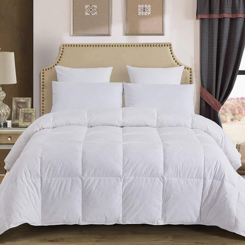 100% Cotton Quilted Down Comforter with White Goose Duck Down Feather Filling-Lightweight Duvet Insert- King