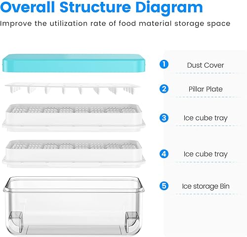 Miniatura 28 de Bandeja para cubitos de hielo con tapa y contenedor, 32 moldes para cubitos de hielo, bandejas de hielo para congelador, molde de bandeja