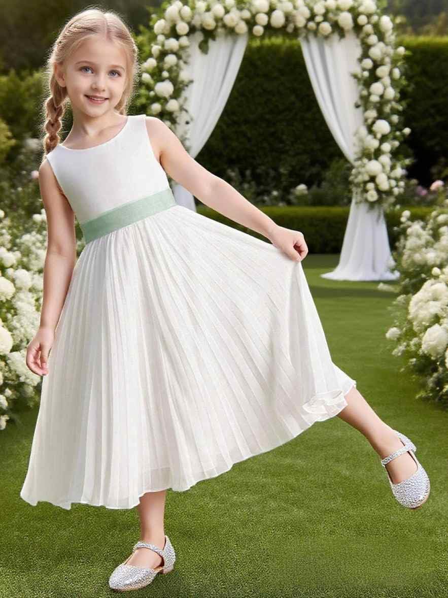 A-Line Sleeveless Chiffon Princess Pleated Flower Girl Dress Tea-Length V-Back Junior Bridesmaid Dresses with Bows