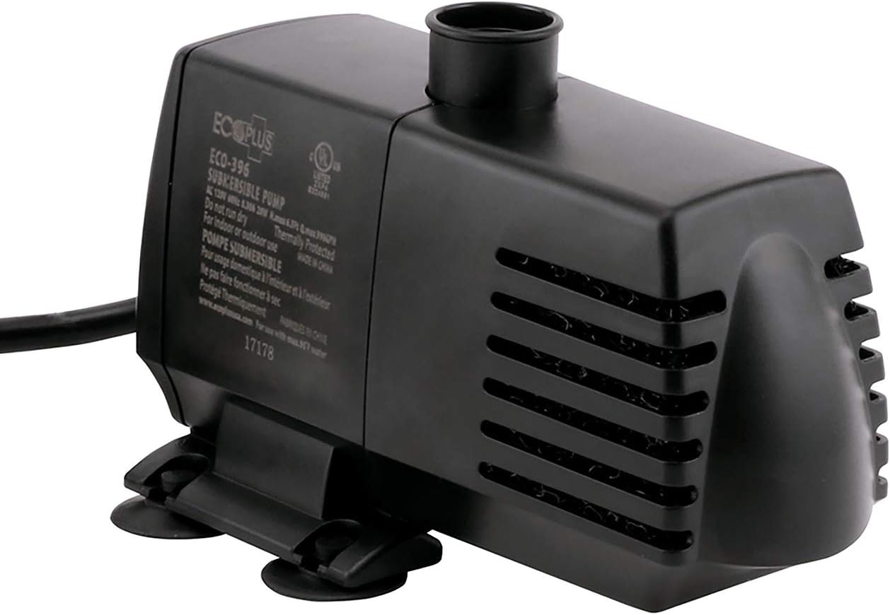 - EcoPlus Eco 396 Water Pump Fixed Flow Submersible Or Inline For Aquariums, Ponds, Fountains & Hydroponics - UL Listed, 396 GPH, Black