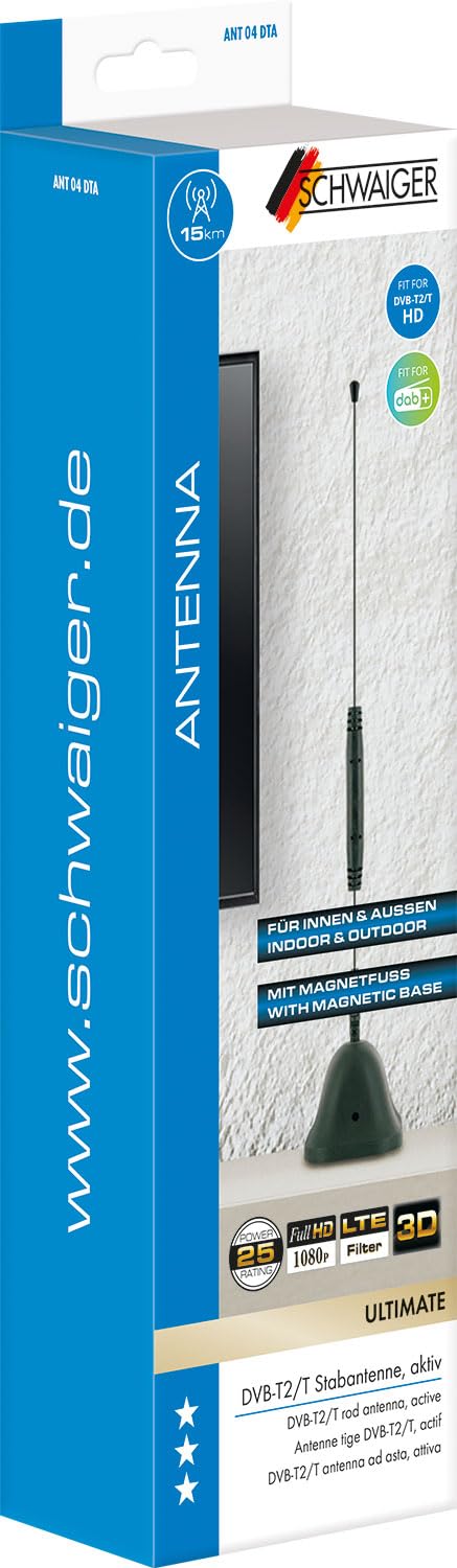 SCHWAIGER -ANT04DTA 031- Antena prętowa DVB-T2 HD (aktywna) | Aktywna antena DVB-T z podstawą magnetyczną i wbudowanym wzmacniaczem
