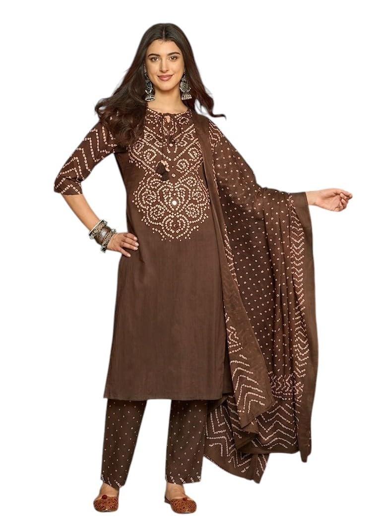 stylum Women's Bandhej Printed & Embroidered Cotton straight Kurta Pant Dupatta Set-picture-21